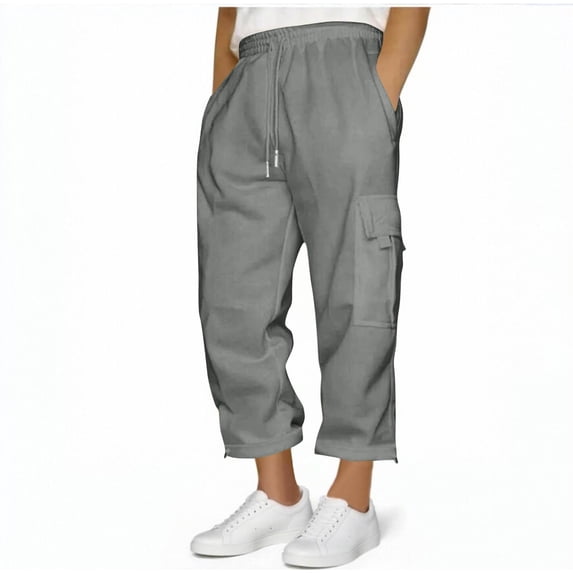 lkfuzj Men's Casual Fashion Solid Color Capris Pants with Pocket & Drawstring Elastic Waist Ankle Length Cargo Pant for Outdoor, Sports, and Daily Wear