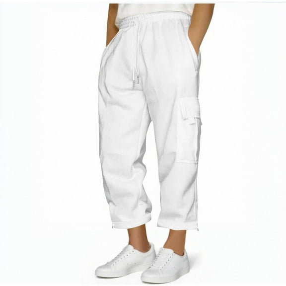 lkfuzj Men's Casual Fashion Solid Color Capris Pants with Pocket & Drawstring Elastic Waist Ankle Length Cargo Pant for Outdoor, Sports, and Daily Wear