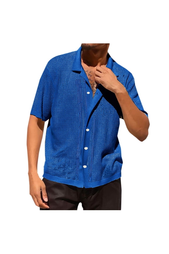 Men's Casual Solid Color Knit Hollow Turn Over Collar Short Sleeve Shirts Chic Summer Men's Tops Charming 2024 Summer Mens Clothing Blue