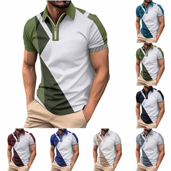 lkfuzj Men's Color Block Zipper Front Short Sleeve T-Shirt Casual Flip Collar Top 2025 Fashion Leisure Classic Fit Pullover Shirt - Blue