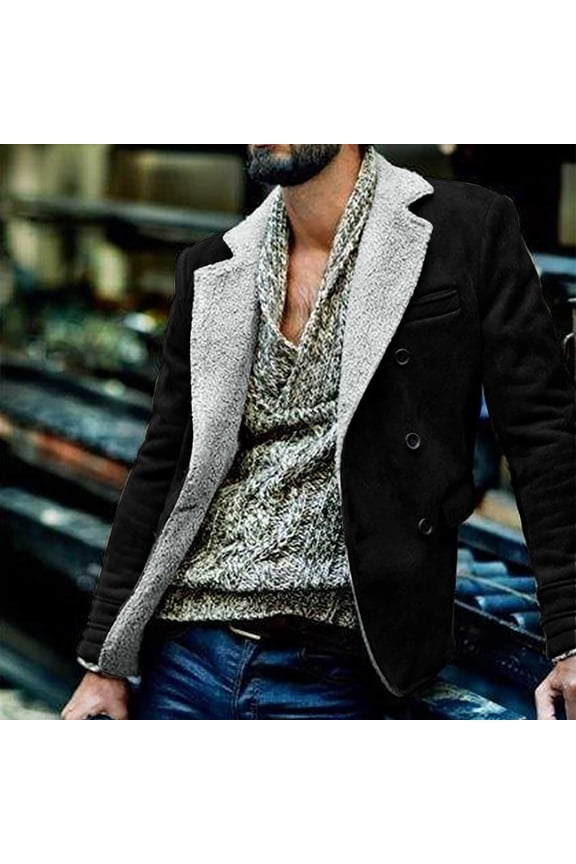 Men's Cotton Cargo Jacket Winter Sherpa Fleece Lined Work Jacket Warm Fur Padded Button Lapel Coat
