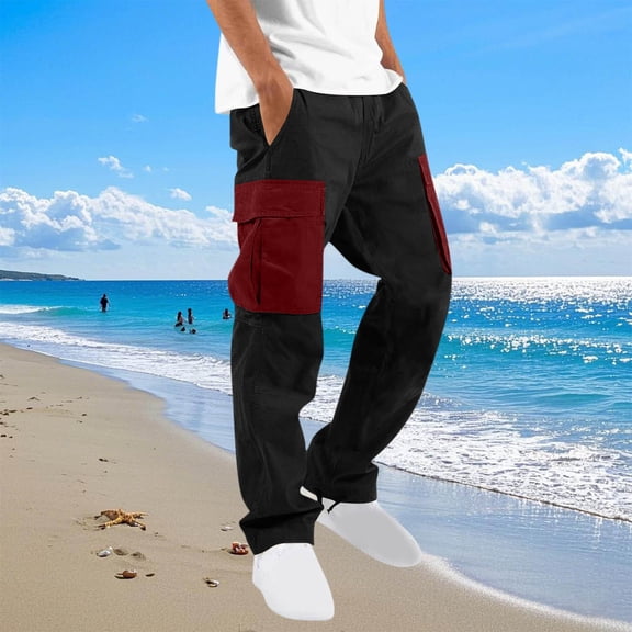 lkfuzj Men's Cotton Polyester All Season Multiple Pockets Drawstring Elastic Leg Outdoor Cargo Pants