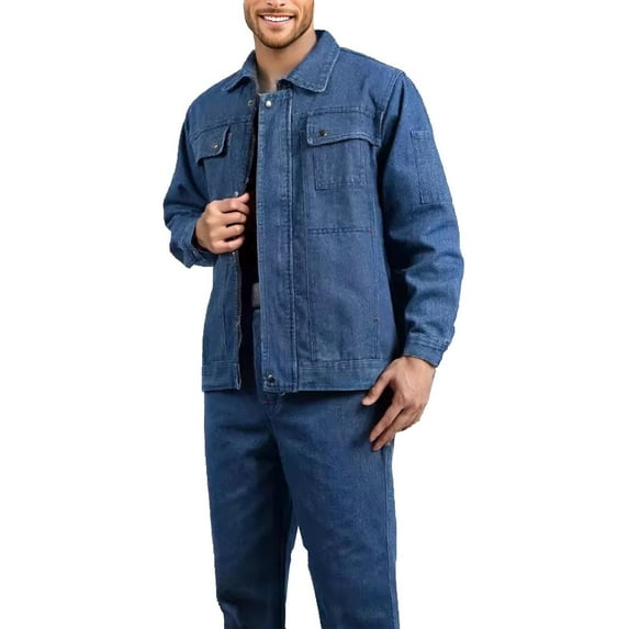 lkfuzj Menβs Durable Denim Work Suit Set | Multi-Pocket Button Closure Jacket & Pants | Breathable for Construction, Manufacturing & Casual Outfit