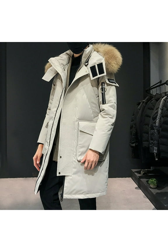 Men's Extra Long Down Jacket Solid Color Hooded Puffer Jacket Heavy Warm Water-resistant Outerwear Mid Length Parka Winter Coats - Beige