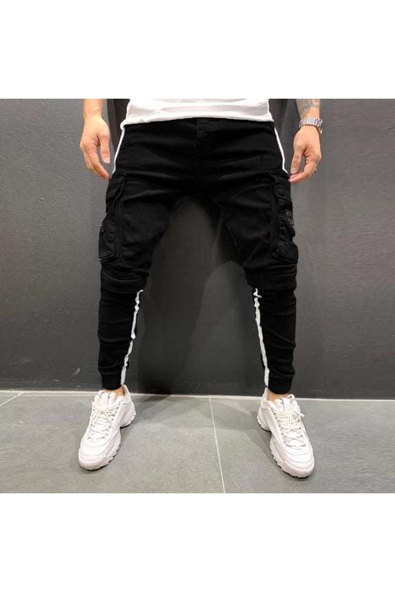 Men's Fashion Distressed Jeans Skinny Slim Fashion Men's Ripped Straight Holes Hip Hop Biker Jeans Long Pencil Pants Streetwear Black
