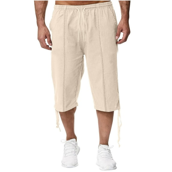 lkfuzj Men's Fashion Solid Drawstring Elastic Waist Pocket Casual Sweat Capris Pants Comfortable Trousers Cool Pants Mens Trendy Trousers for Athletic Jogging Training Casual Beige