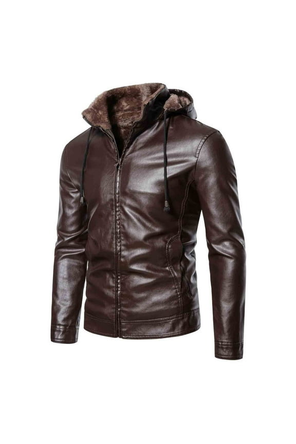 Men's Faux Leather Jacket Stand Collar Hoodie Motorcycle Bomber Jackets Loose Fit Long Sleeve Zip-Up Fall Winter Hood Outwear Coat With Pockets - Brown