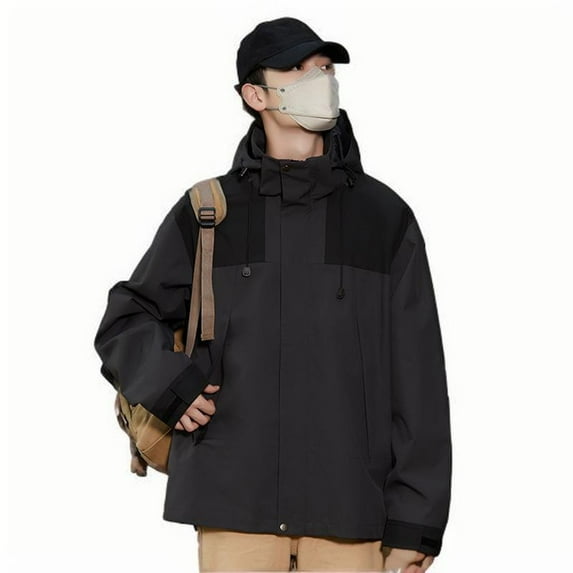 lkfuzj Men's Hooded Waterproof Jacket Lightweight Outdoor Casual Sportswear Coat Detachable Hat Mens Color Matching Drawstring Pocket Hooded Outerwear - Dark Gray