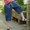 thumbnail image 1 of lkfuzj Men's Linen Harem Capri Pants Lightweight Loose 3/4 Shorts Drawstring Elastic Waist Casual Beach Yoga Trousers Mens Casual Slim Sports Pants Calf-Length Linen Trousers Baggy Pants Navy, 1 of 5