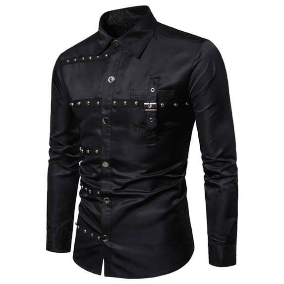 lkfuzj Men's Long Sleeve Gothic Shirt Casual Button Up Shirt Solid Color Pocket Long Sleeved Lapel Shirt - Black