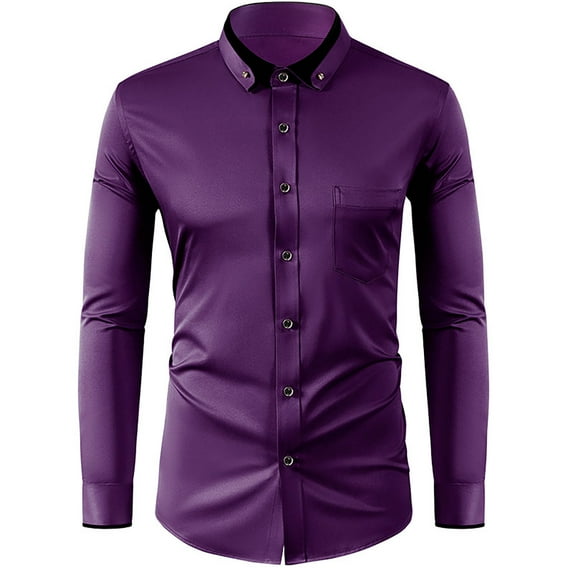 lkfuzj Men's Long Sleeved Button Pocket Flip Collar Casual Shirt 2024 New Fashion Mens Slim Fit Dress Shirts Soft Tops For Men Purple