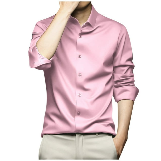lkfuzj Men's Long-sleeved Shirt Turn-down Collar Solid Color Button Imitation Silk Shirt Mens Slim Fit Solid Dress Shirt Cool TShirts Tops For Men Pink