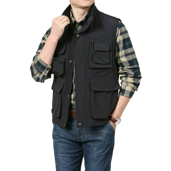 lkfuzj Men's Outdoor Ulti-Pocket Cargo Zip-Up Fallow Sports With Turndown Collar Stylish Vest Tops For Men Charming 2024 Summer Mens Tops -Black