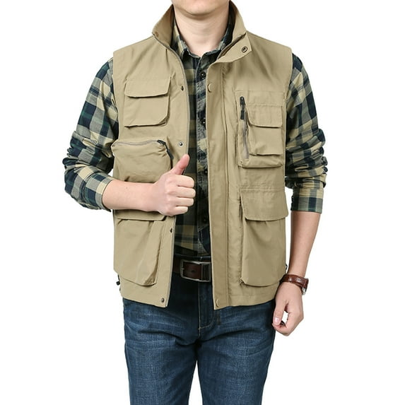 lkfuzj Men's Outdoor Ulti-Pocket Cargo Zip-Up Fallow Sports With Turndown Collar Stylish Vest Tops For Men Charming 2024 Summer Mens Tops -Khaki