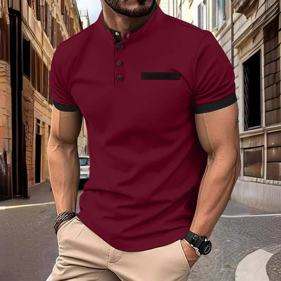 lkfuzj Men's Patchwork Button-Up Short Sleeve Stand Collar Top Stand Collar Top/Shirt Soft Summer Gentlemen's Tops Charming Mens Tops Wine
