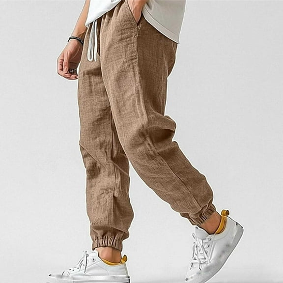 lkfuzj Men's Polyester Solid-Color Loose Drawstring Elastic Waist Pocket Workwear Ankle-Bind Pants - Comfortable, Fashionable, Versatile - Spring/Winter Casual & Everyday Wear