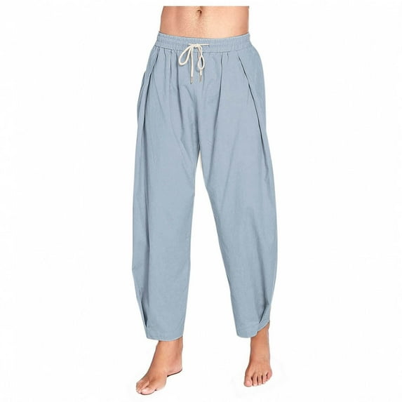 lkfuzj Men's Polyester Solid-Color Loose Drawstring Elastic Waist Pocket Workwear Ankle-Bind Pants - Comfortable, Fashionable, Versatile - Spring/Winter Casual & Everyday Wear