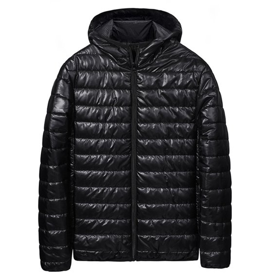 lkfuzj Men's Down Puffer Jacket with Hood Packable Lightweight Puffy Hooded Winter Coat Light Thin Insulated Jacket Fashion Long Sleeve Outerwear for Snow Ski Hiking Travel - Black