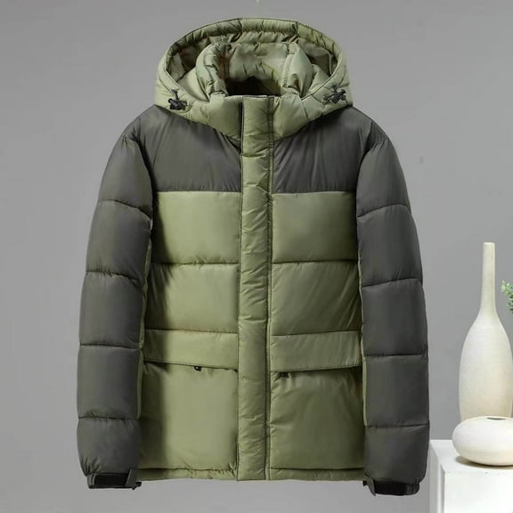 lkfuzj Men's Puffer Jacket Hooded Winter Coat Warm Thicken Cotton Outerwear Unisex Fashion Long Sleeve Hooded Jacket Zippered Patchwork Collar Warm Bread Padded Coat Tops - Army Green