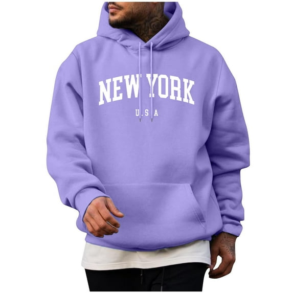 lkfuzj Men's Pullover Hoodie Loose Fit Ultra Soft Hooded Sweatshirt With Pockets Casual NEW YORK Letter Printing Drawstring Athletic Workout Sweatshirt Tops - Purple