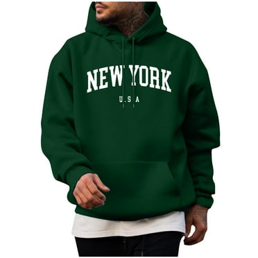lkfuzj Men's Pullover Hoodie Loose Fit Ultra Soft Hooded Sweatshirt With Pockets Casual NEW YORK Letter Printing Drawstring Athletic Workout Sweatshirt Tops - Army Green