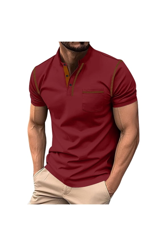 Men's Pullover Stand Collar Button Pocket Short Sleeve Top Sports Stand Collar Top/Shirt Chic Summer Tops For Men Cool 2024 Gentlemen's Tops Wine
