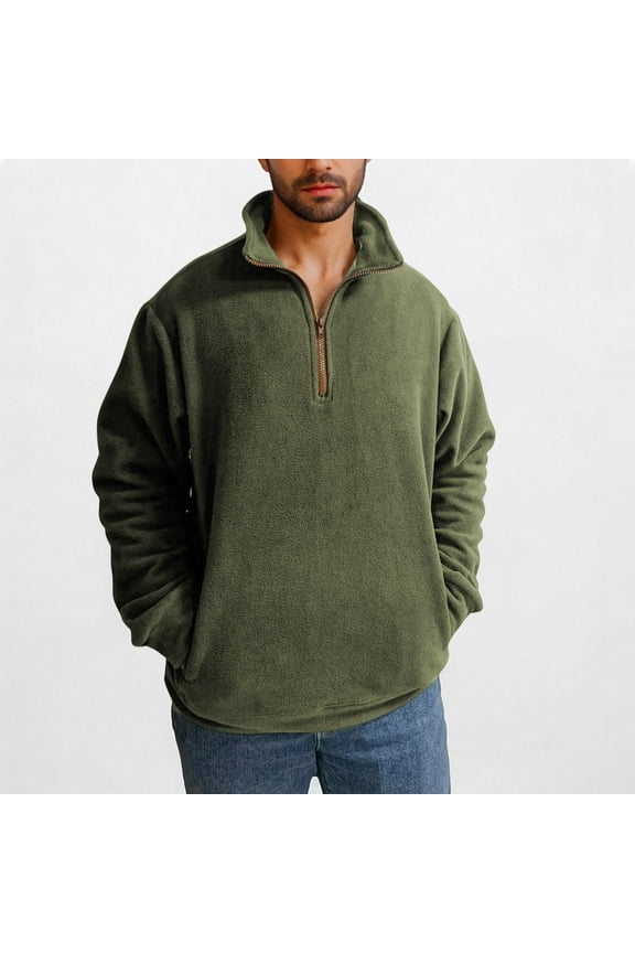 Men's Quarter Zip Pullover Fashion Polar Fleece Sweatshirts with Pockets Casual Outdoor Running Workout Athletic Pullover Tops - Army Green