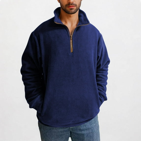 lkfuzj Men's Quarter Zip Pullover Fashion Polar Fleece Sweatshirts with Pockets Casual Outdoor Running Workout Athletic Pullover Tops - Navy