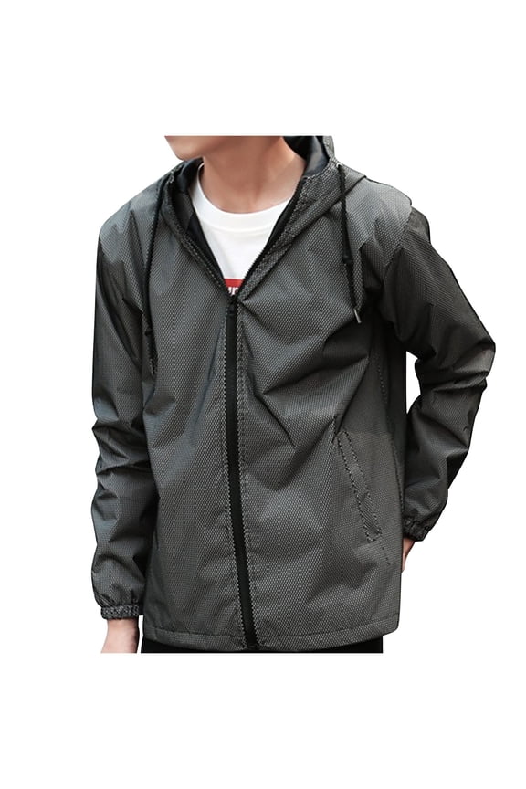 Men's Reflective Coat Hooded Windbreaker Fashion Runing Pocket Jacket Outdoor Casual Zipper Long Sleeve Hooded Outerwear Hip-hop Fluorescent Clothing - Gray
