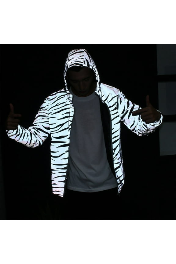 Men's Reflective Jacket Hip-hop Striped Dance Fluorescence Clothing Jacket Casual Zipper Long Sleeve Hooded Fluorescent Windbreaker Night Sporting Coat - White