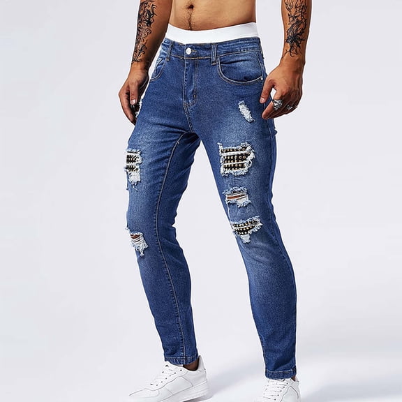 lkfuzj Men's Ripped Patch Skinny Jeans, Solid Color Button Stretch Slim Fit with Pockets, Trendy Distressed Denim Pants for Casual and Stylish Look