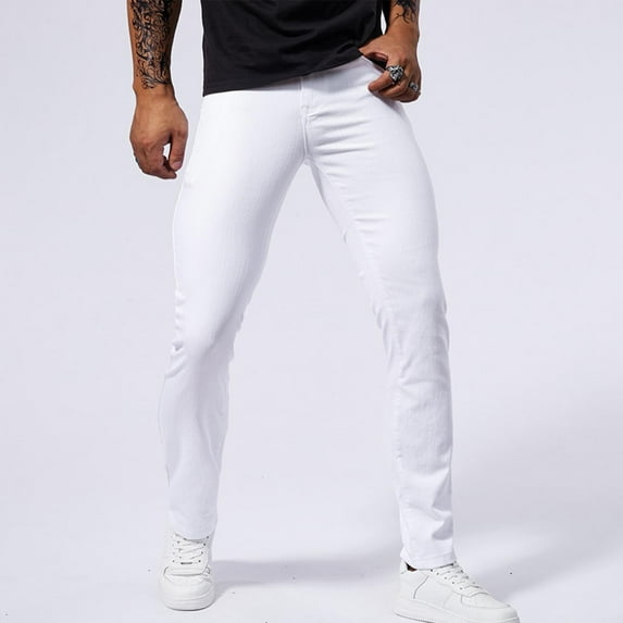 lkfuzj Men's Ripped Patch Skinny Jeans, Solid Color Button Stretch Slim Fit with Pockets, Trendy Distressed Denim Pants for Casual and Stylish Look