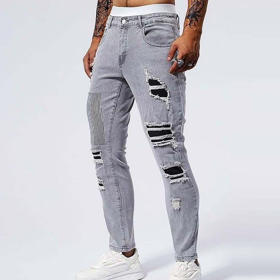 lkfuzj Men's Ripped Patch Skinny Jeans, Solid Color Button Stretch Slim Fit with Pockets, Trendy Distressed Denim Pants for Casual and Stylish Look
