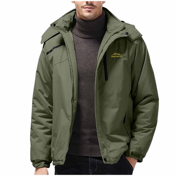 lkfuzj Men's Ski Jacket Winter Outdoor Sports Warm Coat Plus Velvet Waterproof Windbreaker Casual Long Sleeved Hooded Outerwear Skiing Jackets - Army Green