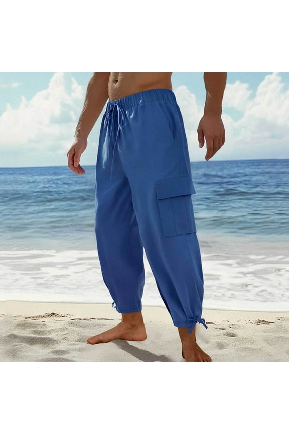 Men's Solid-Color Loose Casual Pants - Cotton-Linen Feel Polyester, Elastic Waist, Drawstring Pockets, All-Season Wear for Outdoor & Daily Activities