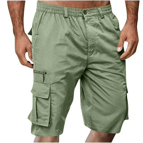 lkfuzj Men's Solid Color Multi-Pocket Button Zipper Elastic Waist Cargo Shorts, Casual Workout 5-Point Work Pants, Comfortable Summer Beach Shorts