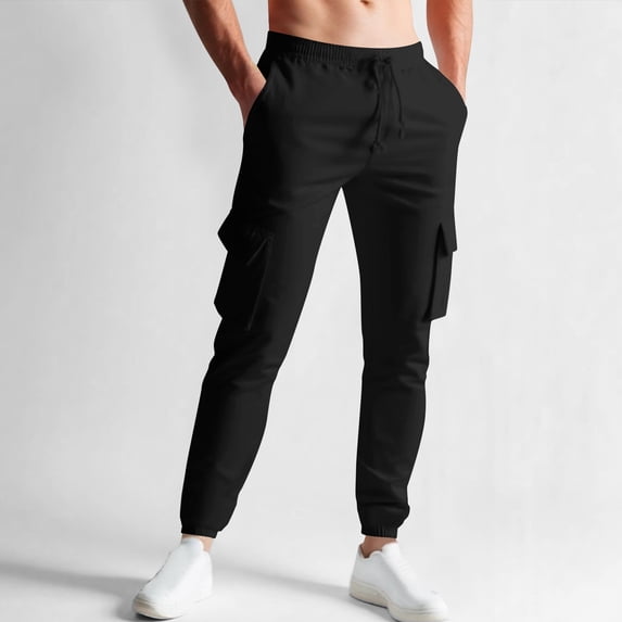 lkfuzj Men's Spring New 100% Polyester Solid Color Multi-Pocket Leisure Jogging Tight Pants Elastic Comfortable Waterproof Stain Oil Resistant for Hiking Cycling Fishing Outdoor Daily