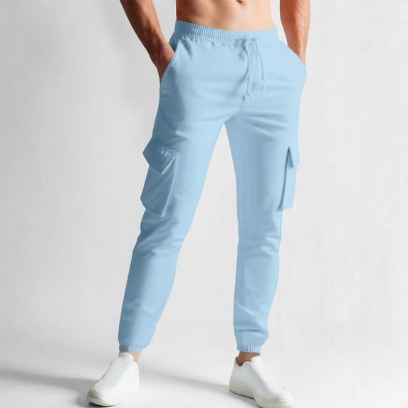 lkfuzj Men's Spring New 100% Polyester Solid Color Multi-Pocket Leisure Jogging Tight Pants Elastic Comfortable Waterproof Stain Oil Resistant for Hiking Cycling Fishing Outdoor Daily