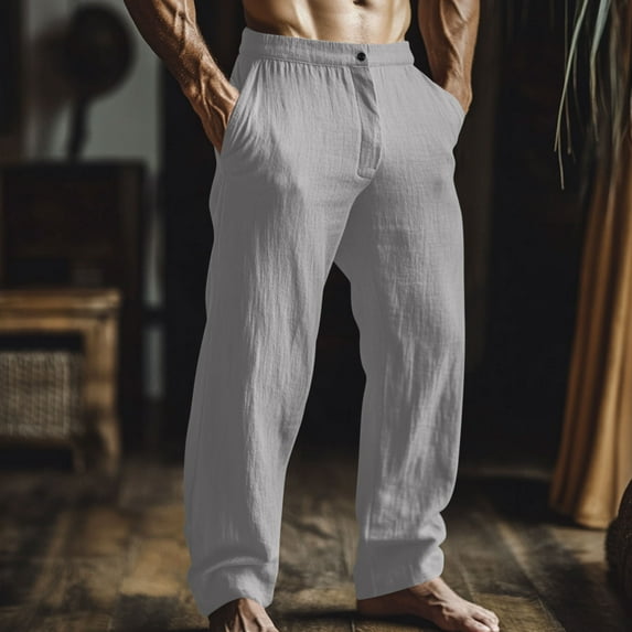 lkfuzj Men's Spring Summer Solid Color Cotton Linen Lounge Pant Wide Leg Pants with Double Pockets,Stretchy Elastic Waist, Casual Comfort Trousers