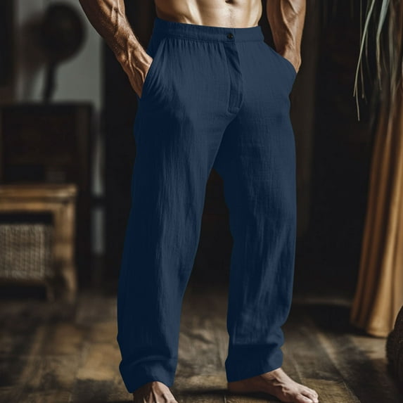 lkfuzj Men's Spring Summer Solid Color Cotton Linen Lounge Pant Wide Leg Pants with Double Pockets,Stretchy Elastic Waist, Casual Comfort Trousers