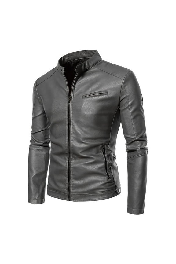 Men's Stand Collar Leather Jacket Motorcycle Lightweight Faux Leather Outwear Plus Velvet Large Size Fashion Casual Leather PU Jacket Overcoat - Gray