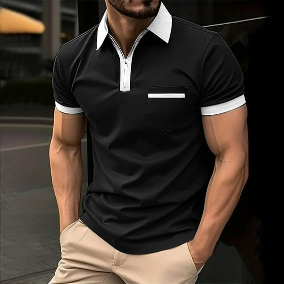 lkfuzj Men's Striped Zip-Up Lapel Short-Sleeved Top Sports Lapel Top Shirt Soft Shirts Tops For Gentlemens Cool Shirts Mens Clothing Black