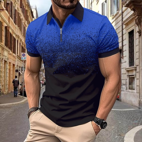 lkfuzj Men's Striped Zip-Up Lapel Short-Sleeved Top Sports Lapel Top Shirt Stylish Shirts Tops For Men And Boys Cool 2024 Gentlemen's Tops Blue
