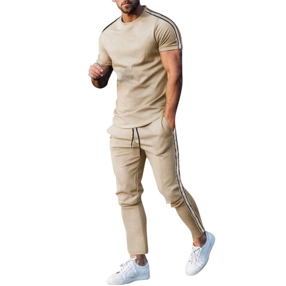 lkfuzj Men's Summer Casual Round Neck Side Striped Short Sleeved Pants Set Nylon Spandex Snug Fit Drawstring for Outdoor Home Gymnasium