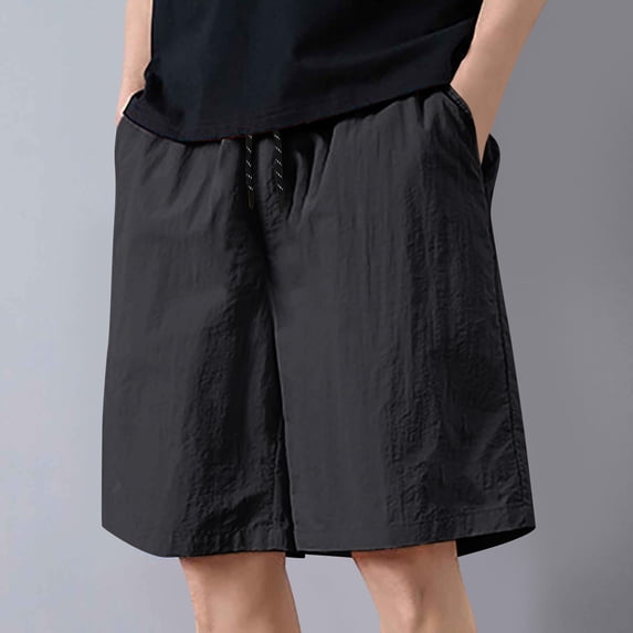lkfuzj Men's Summer Drawstring Running Shorts Solid Colour High Waistband Lightweight Loose Straight Leg Pants with Pocket Trendy Casual Outdoor Hiking Sweat Shorts