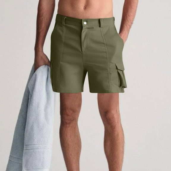lkfuzj Men's Summer Elastic Waist Multi-Pocket Shorts | Polyester Breathable Quick-Dry Beachwear