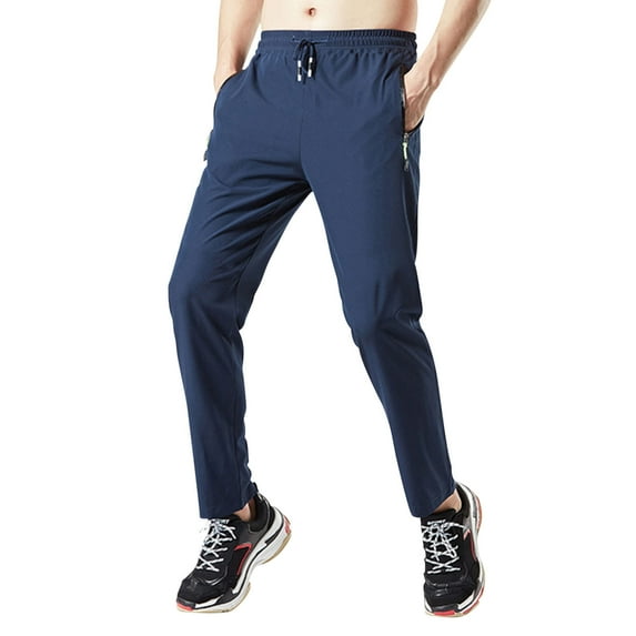 lkfuzj Men's Summer Quick-Dry Ice Silk Trousers with Elastic Waist and Zippered Pockets for Outdoor Gym Running Casual Daily Activities