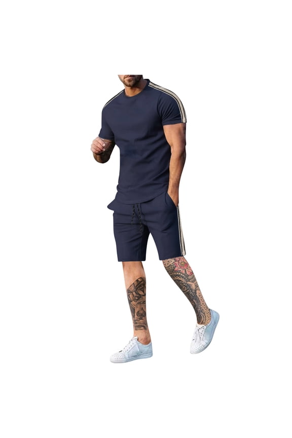 Men's Summer Round Neck Side Stripe Shorts Set Athletic Casual Wear | Breathable Quick-Dry, Stylish Sporty Design, Versatile for Gym Outdoor Leisure | Fashionable Track Suit for Men