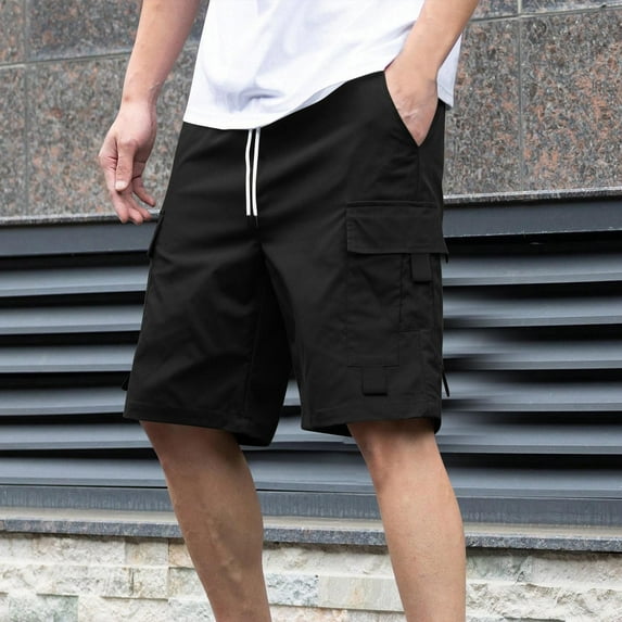 lkfuzj Men's Summer Solid Color Drawstring Elastic Waist Multi-Pocket Straight Leg Cargo Shorts, Casual Workout Short Pants, 5-Inch Length for Daily Wear