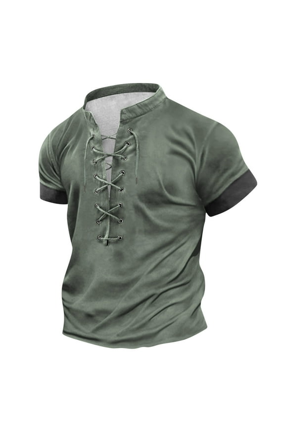 Men's Vintage Lace-up Short Sleeve Lapel Patchwork T-shirt Top Short Sleeve Stand-up Collar Blouse Shirt Chic Summer Tops For Men Cool 2024 Summer Tops Army Green
